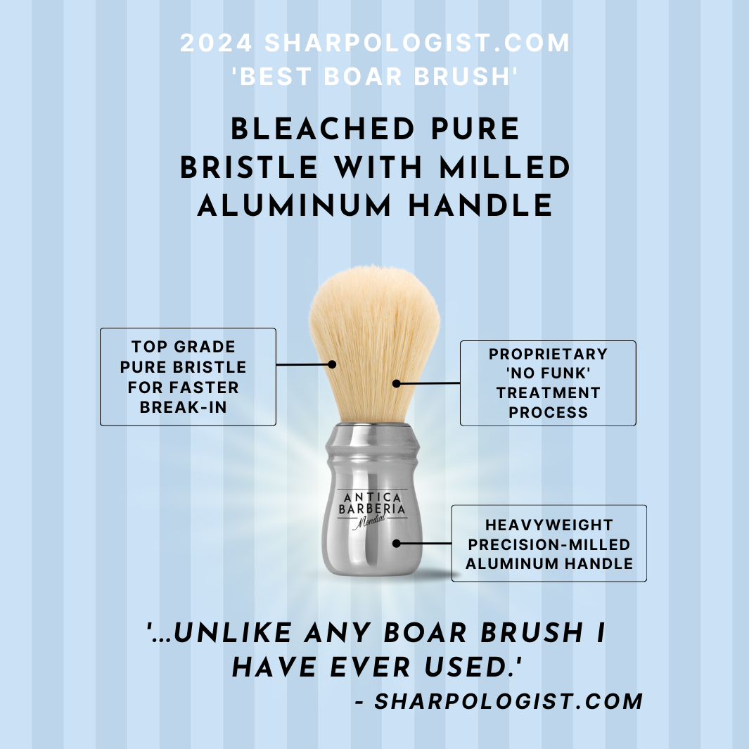 Professional Lathering Brush: Silver Brushed Aluminum with Bleached Bristle