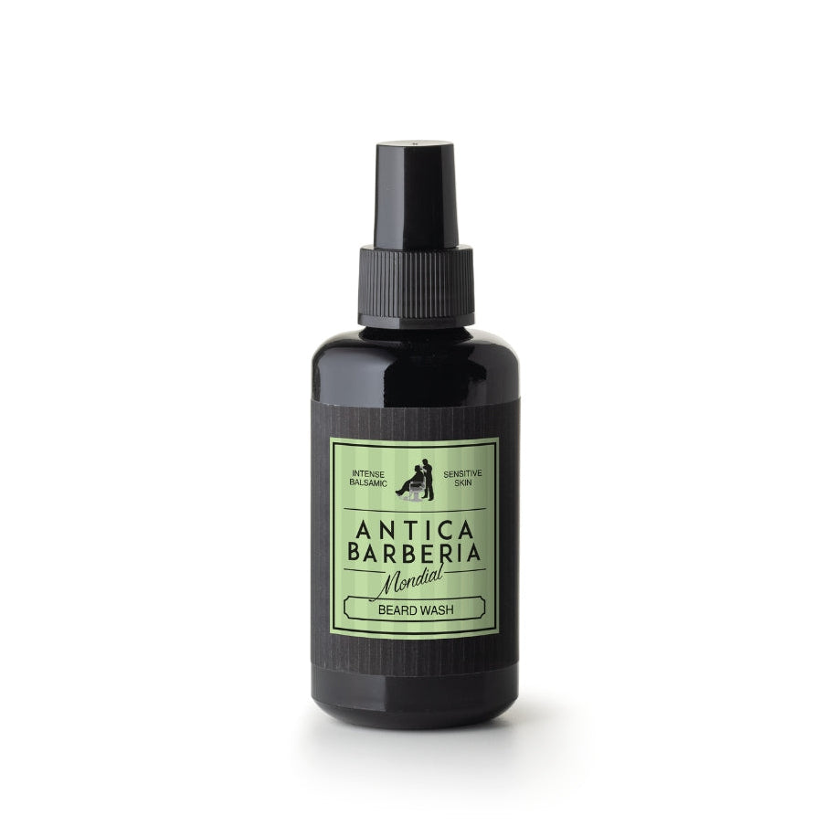 Bottle of Antica Barberia Mondial beard wash on a white background