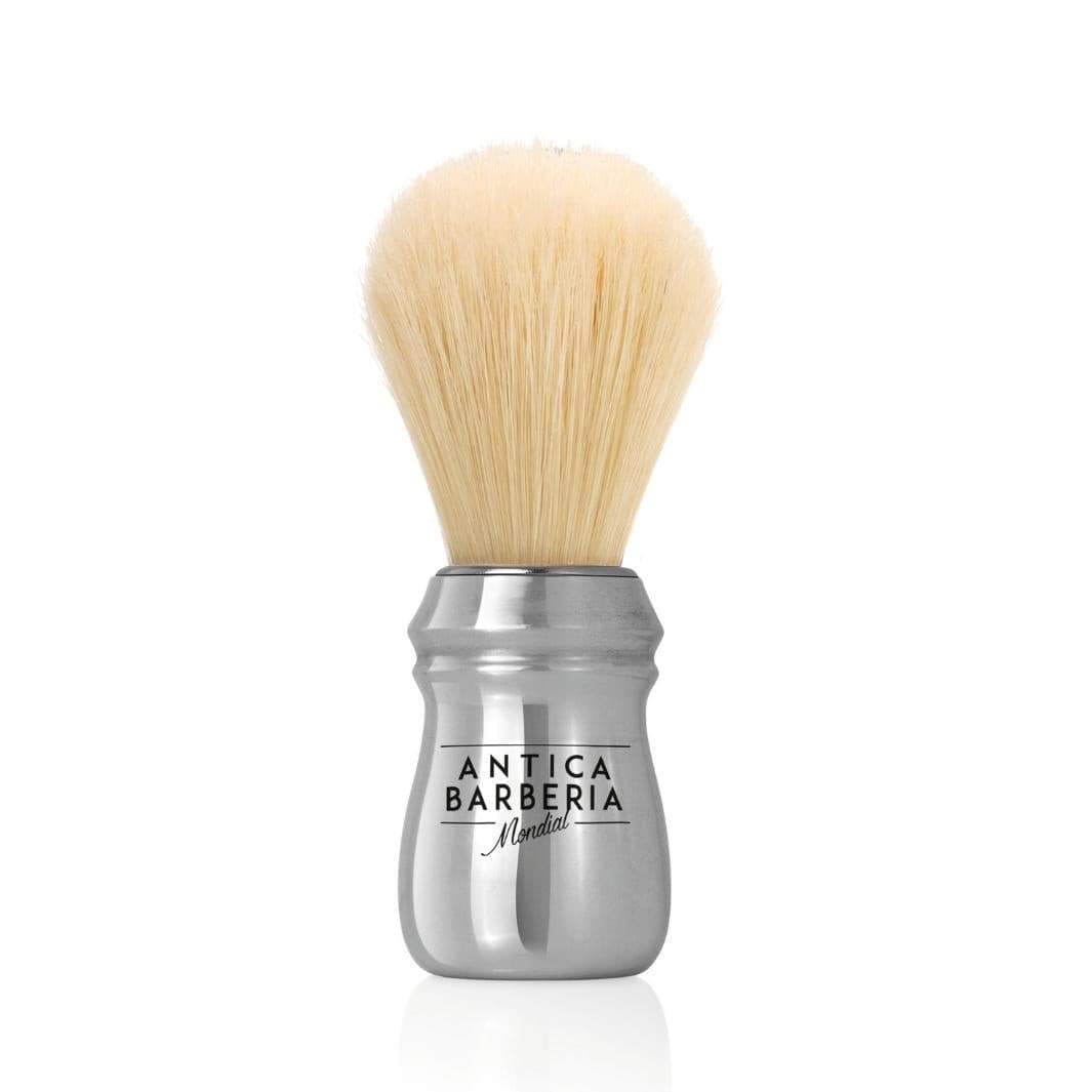 Professional Lathering Brush: Silver Brushed Aluminum with Bleached Bristle.